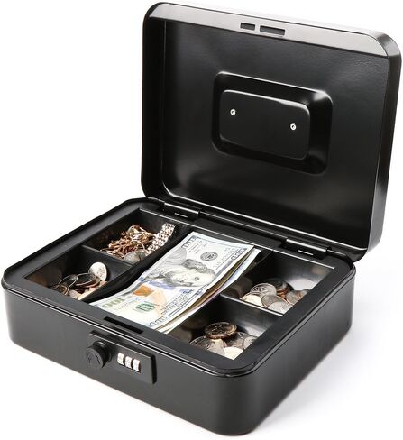 مربع أموال معدنية آمنة مع قفل مزيج ، مربع أموال تخزين كبير القفل مع أموال صينية نقدية ، 11/5 "× 9 2/5" × 3 1/2 "، QH3002L Blue in Kuwait