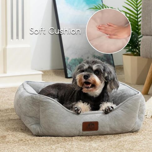 Hollypet Dog Bed Cat Beds for Medium Small Dogs/Puppy Indoor Cats, Microwave Quilted Rectangle Washable Soft Calming Sleeping Durable Pet Cuddler Bed with Anti-Slip Bottom, S, Beige Gray in Saudi Arabia
