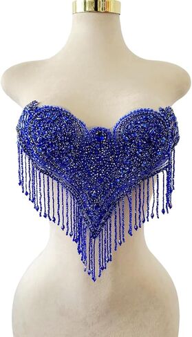 Unique Design Pure Handsewing Beads Applique sew on Rhinestones Crystal Tassel Patches Trimming for Wedding Party Evening Dress Accessories 18X12inches (Black) in Kuwait