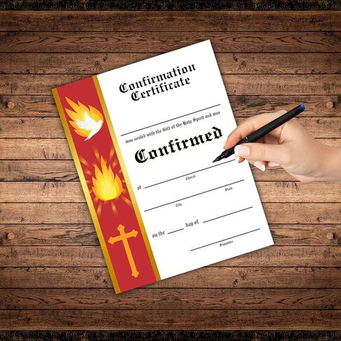 Lashicorn Catholic Confirmation Certificate Banner Line | 30 pk 8.5x11" First Holy Communion Paper Cards Bulk Gift of The Holy Spirit Religious Mass Card Sacraments Church (Horizontal Red Border) in Kuwait