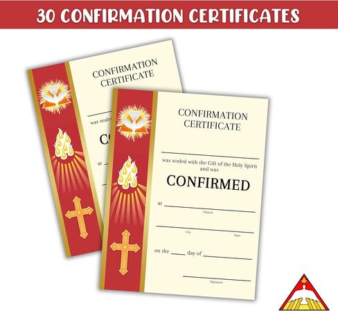 Lashicorn Catholic Confirmation Certificate Banner Line | 30 pk 8.5x11" First Holy Communion Paper Cards Bulk Gift of The Holy Spirit Religious Mass Card Sacraments Church (Horizontal Red Border) in Kuwait