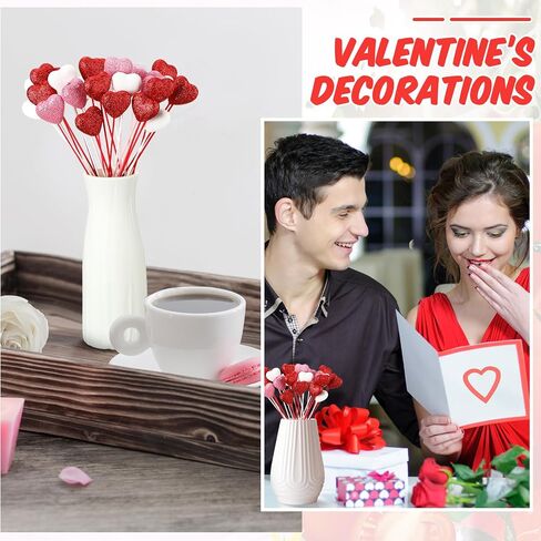 12 Pcs Glitter Foam Hearts Sticks Foam Heart Picks Sparkly Hearts Styrofoam Stems Puffy Heart Wooden Picks for Wedding Decorations Flower Arrangements Crafts (Red,Pink) in Kuwait