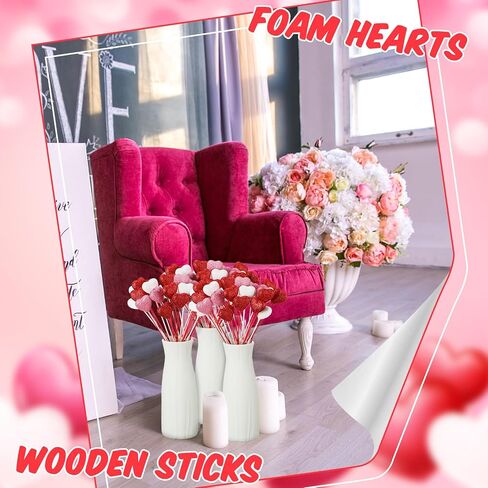 12 Pcs Glitter Foam Hearts Sticks Foam Heart Picks Sparkly Hearts Styrofoam Stems Puffy Heart Wooden Picks for Wedding Decorations Flower Arrangements Crafts (Red,Pink) in Kuwait