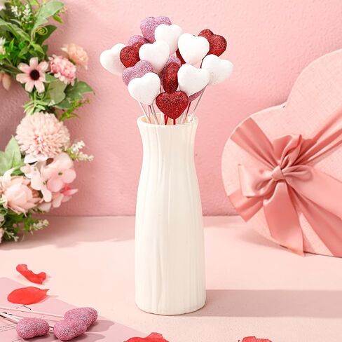 12 Pcs Glitter Foam Hearts Sticks Foam Heart Picks Sparkly Hearts Styrofoam Stems Puffy Heart Wooden Picks for Wedding Decorations Flower Arrangements Crafts (Red,Pink) in Kuwait