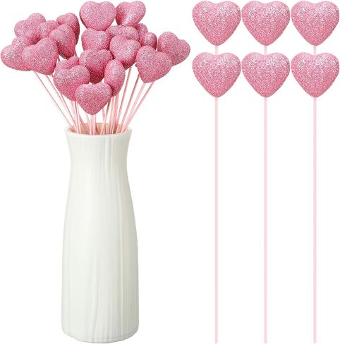 12 Pcs Glitter Foam Hearts Sticks Foam Heart Picks Sparkly Hearts Styrofoam Stems Puffy Heart Wooden Picks for Wedding Decorations Flower Arrangements Crafts (Red,Pink) in Kuwait