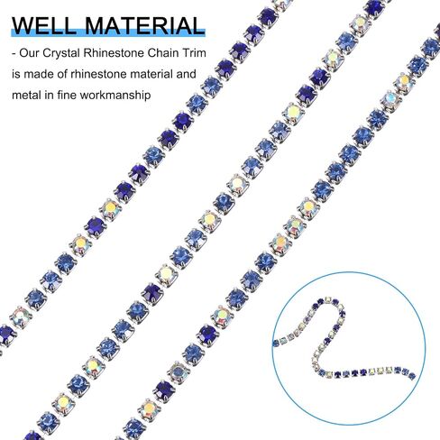 uxcell 10 Yard Crystal Rhinestone Chain, 2.0mm Sew on Close Claw Chain Trim for DIY Jewelry, Clothing, Bags, Shoe Decoration (Silver, Sapphire Blue/Light Blue/White AB) in Saudi Arabia