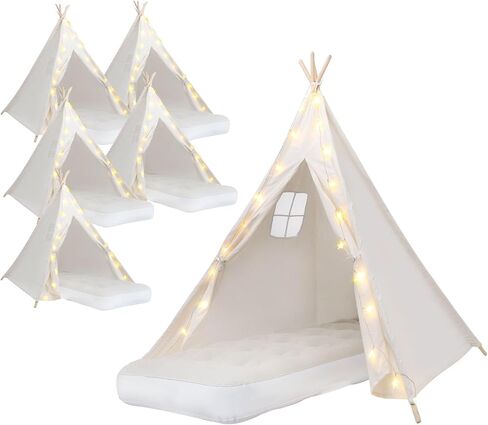 4 Pack Teepee Tent for Kids [Thickened and Upgraded] with Light String and Inflatable Airbed, Slumber Party Tents, Sleepover Tents Party for Girls Boys Indoor Outdoor (White) in Saudi Arabia