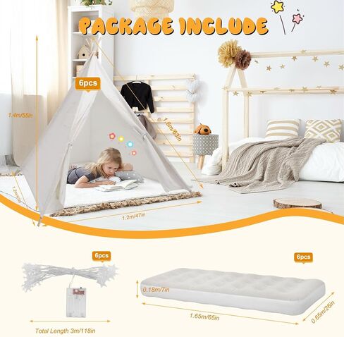 4 Pack Teepee Tent for Kids [Thickened and Upgraded] with Light String and Inflatable Airbed, Slumber Party Tents, Sleepover Tents Party for Girls Boys Indoor Outdoor (White) in Saudi Arabia