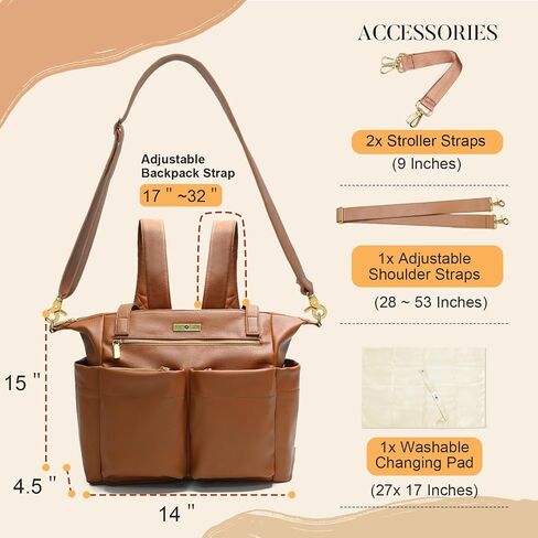 miss fong Diaper Bag Tote Leather Diaper Bag Backpack Pañaleras Para Bebe with 15 Pockets,Leather Diaper Tote with Diaper Changing Pad, Baby Bag for Moms Mommy Bag for Women in Saudi Arabia