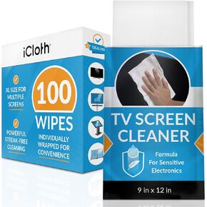 iCloth LCD Screen Cleaner – All-in-One TV Screen Cleaner Wipes – Streak-Free Cleaning for Your Flat Screen TV, Touch TV Screen, Computer Monitor and Electronics – 100 XL Wipes, 9" x 12" Each