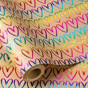 RUSPEPA Heart Wrapping Paper Roll for Girls, Mini Roll, Colorful Foil Hand Drawn Heart Patterns Kraft Gift Wrap Paper for Birthday, Valentine's Day, Wedding, Anniversary, 17 Inches x 16.4 Feet