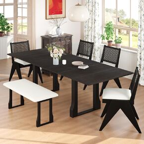 Ball & Cast 9-Piece Farmhouse Extendable Dining Table with Chairs, 59.9~83.9" Rectangular Dining Table w/ 2 12-inch Removable Leaves & 8pcs Upholstered Chairs, Wood Kitchen-Table Set for 8,Espresso