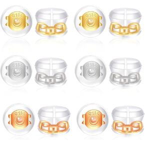 HANGINTHERE 12pcs 14K Rose Gold Clear Rubber Earring Backs for Studs, Hoops, Dangles, Double Lock, 0.24 in x 0.2 in, Hypoallergenic Earring Backs