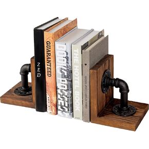 MyGift Dark Brown Industrial Pipe & Rustic Wood Bookends, Set of 2