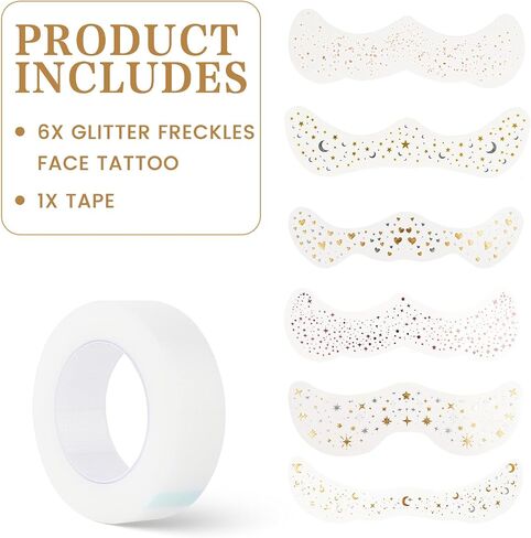 Face Glitter Freckles Tattoo ، 6 PCS Gold Face Makeup Patches ، بقع ماكياج مائية مقاومة للماء ، بريق للنساء ، مناسبة لحفل عيد الميلاد في المهرجان عيد الميلاد in Kuwait