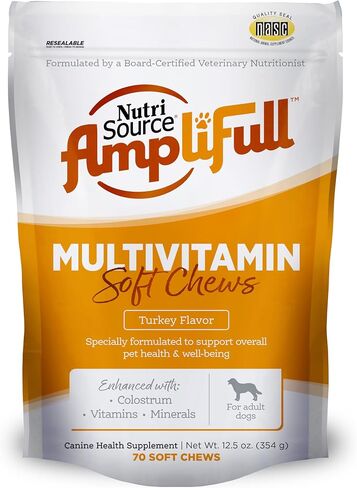 NutriSource AmpliFull Turkey Flavor Calming Dog Soft Chews, Daily Anxiety & Stress Relief Supplement for Dogs, High Absorption for Relaxation, 70 Chews (1 Pack) in Kuwait