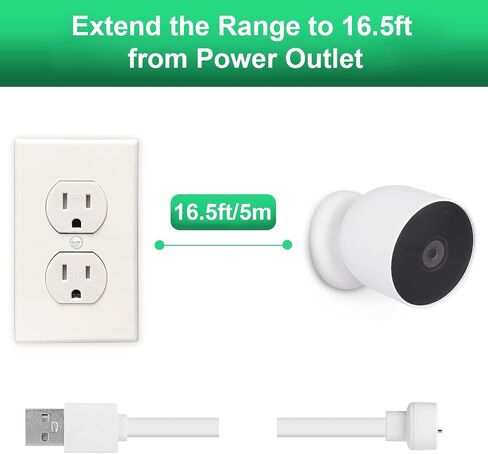كابل سلك طاقة UYODM بطول 16.5 قدم/5 متر متوافق مع Google Nest Cam في الهواء الطلق أو في الداخل، بطارية (الجيل الثاني) - كابل شحن مقاوم للطقس مع محول طاقة لكاميرا Nest الخاصة بك (البطارية) بشكل مستمر - أبيض in Saudi Arabia