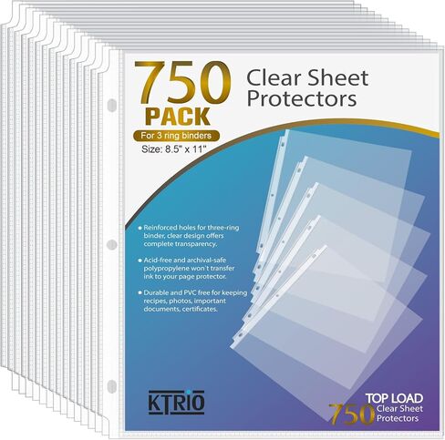 KTRIO 1000 حزمة حزمة واقيات الألواح 8.5 × 11 بوصة ، واقي صفحة واضحة لثلاثة رنين ، والأكمام البلاستيكية للمجلدات ، وألواح ورق التحميل العلوية حجم الحروف ، الحجم ، المكتب والمنزل in Kuwait