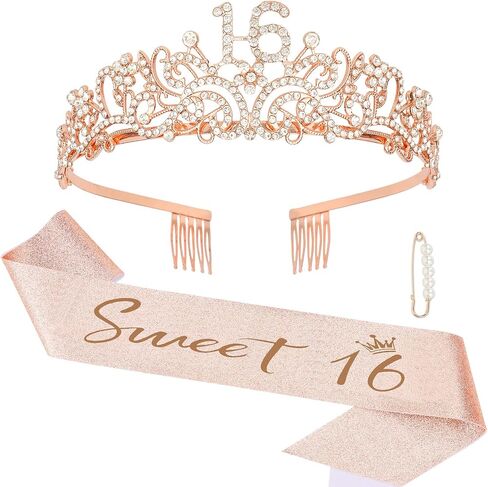 تاج عيد ميلاد Semato و Soke 16 Sash Glitter Kit للفتيات - دائرة الأزياء المعدنية الفضية ، وشاح القماش اللامع الذهبي مع دبوس لؤلؤة - لوازم وفضل حفلات عيد الميلاد السادسة عشر in Kuwait
