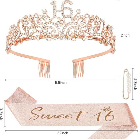 تاج عيد ميلاد Semato و Soke 16 Sash Glitter Kit للفتيات - دائرة الأزياء المعدنية الفضية ، وشاح القماش اللامع الذهبي مع دبوس لؤلؤة - لوازم وفضل حفلات عيد الميلاد السادسة عشر in Kuwait