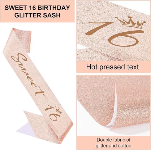 تاج عيد ميلاد Semato و Soke 16 Sash Glitter Kit للفتيات - دائرة الأزياء المعدنية الفضية ، وشاح القماش اللامع الذهبي مع دبوس لؤلؤة - لوازم وفضل حفلات عيد الميلاد السادسة عشر in Kuwait