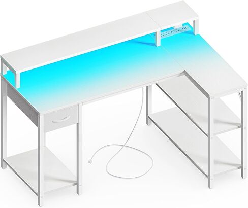 Superjare 47 بوصة على شكل L على شكل L مع مصابيح LED ومنافذ الطاقة ، مكتب كمبيوتر مع أرفف ومراقبة حامل ، مكتب ألعاب مع درج ، مكتب زاوية مكتب المكتب المنزلي ، الأسود in Kuwait