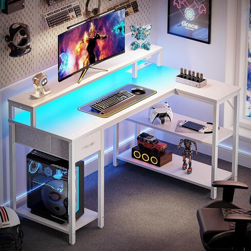 Superjare 47 بوصة على شكل L على شكل L مع مصابيح LED ومنافذ الطاقة ، مكتب كمبيوتر مع أرفف ومراقبة حامل ، مكتب ألعاب مع درج ، مكتب زاوية مكتب المكتب المنزلي ، الأسود in Kuwait