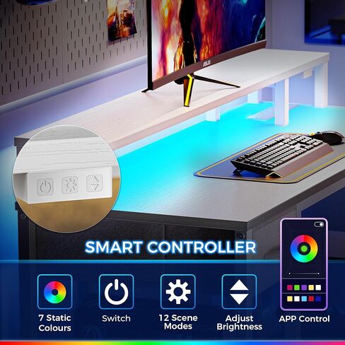 Superjare 47 بوصة على شكل L على شكل L مع مصابيح LED ومنافذ الطاقة ، مكتب كمبيوتر مع أرفف ومراقبة حامل ، مكتب ألعاب مع درج ، مكتب زاوية مكتب المكتب المنزلي ، الأسود in Kuwait