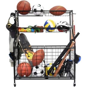 Heavy Duty Sport Garage Storage Rack - Huge Storage Sports Equipment Organizer, Iron Anti-Rust Sports Gear, and Ball Storage Rack with Wheels for Garages, Playgroup, Gym, and Schools - Black