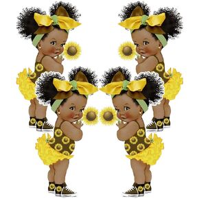Sunflower African American Girl Cutouts Party Decoration Single Sided Baby Shower Birthday (3 3/4 inches Tall)