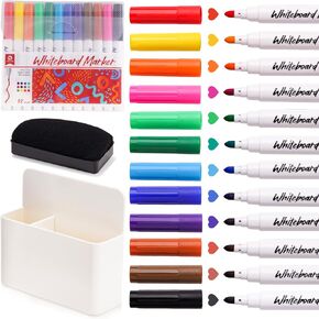 NiArt Whiteboard Magnetic Dry Erase Marker Holder Set, 12 Colors Fine Markers, Magnetic Whiteboard, Dry Eraser for School Office Home