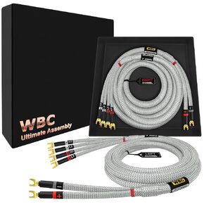 WORLDS BEST CABLES 10 Foot Ultimate - 7 AWG - Ultra-Pure OFC – Extra Premium Audiophile HiFi Bi-Wire Speaker Cable Pair with Eminence Gold Spade Plugs & Silver Tweed Jacket