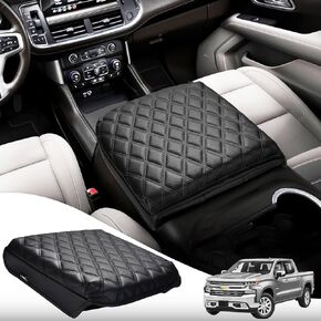 Center Console Armrest Cover for Chevy Silverado & GMC Sierra 2019-2024, Tahoe & Suburban & Yukon 2021-2024, Vinyl Leather, Bucket Seat, Arm Rest Cushion Pad, Black-Double Stitch