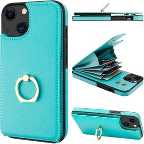 Folosu Compatible with iPhone 13 Case Wallet with Card Holder, 360°Rotation Finger Ring Holder Kickstand Protective RFID Blocking PU Leather Double Buttons Flip Shockproof Cover 6.1 Inch Black