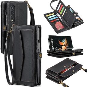 for Samsung Galaxy Z Fold 3 Wallet Case for Women with 【S Pen Holder】, RFID Blocking Card Holder, PU Leather Flip Phone Case with Crossbody Strap Wristlet Kickstand for Galaxy Z Fold 3, Black