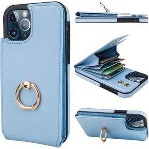 Folosu Compatible with iPhone 12/12 Pro Case Wallet with Card Holder, 360°Rotation Finger Ring Holder Kickstand Protective RFID Blocking PU Leather Double Buttons Flip Cover 6.1 Inch Black