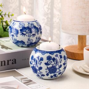 2 Pack Blue and White Candle Holder Chinoiserie Decor Porcelain Tealight Candleholders Votive Candle Holde for Holiday Wedding Party Table Centerpiece Home Decor, 1.85 x 2.75