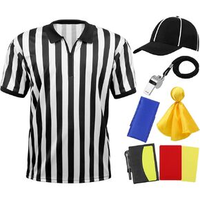SOMSOC 6 Pieces Men's Official Referee Costume Set Official Umpire Jersey Collar Referee Shirt Cards Hat Whistle Penalty Flag Sandbag Rugby Referee Necessities