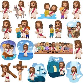 Jesus Sticker Sheets - Cute Jesus Bible Story Stickers for Kids Teens Students - 5 Sheet Pack (100 Pieces) - Sunday School, Church, Vacation Bible School, Bible Lessons