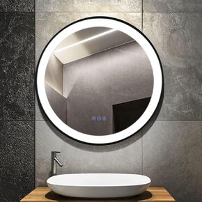 Led Bathroom Mirror with Lights Round Black Framed 24inch Bathroom Vanity Mirror with Lights Large Lighted Mirror with Smart Touch 3 Colors dimmable Anti-Fog Waterproof Wall Mounted