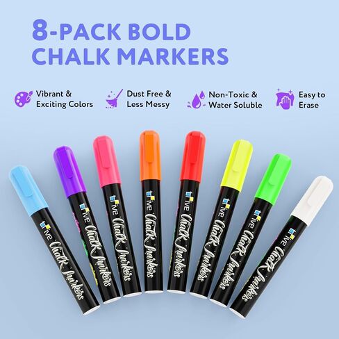 TFIVE Chalk Markers - 8 Color Chalk Pens and 24 Labels - Dry & Wet Erase, Reversible Tip, for Chalkboards, Signs, Windows, Blackboard, Glass, Mirrors, Liquid Chalk in Saudi Arabia