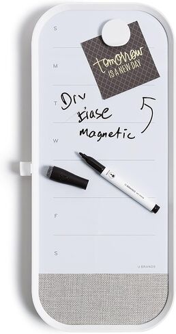 U Brands Modern Bevel Magnetic Dry Erase Calendar Board with Bulletin Strip, 7"x16", White Frame, includes Magnet, Marker in Kuwait