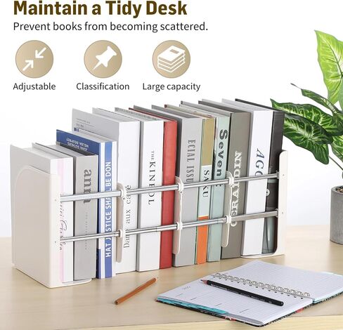 Adjustable Bookend, Heavy Duty Metal ABS Bookend, Book Organizer, Large Capacity 4 Layers, Anti-Slip Pads, for Home Office School, Ivory White in Saudi Arabia
