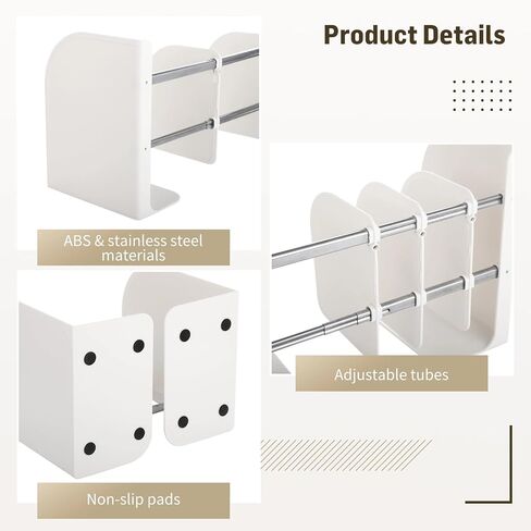 Adjustable Bookend, Heavy Duty Metal ABS Bookend, Book Organizer, Large Capacity 4 Layers, Anti-Slip Pads, for Home Office School, Ivory White in Saudi Arabia