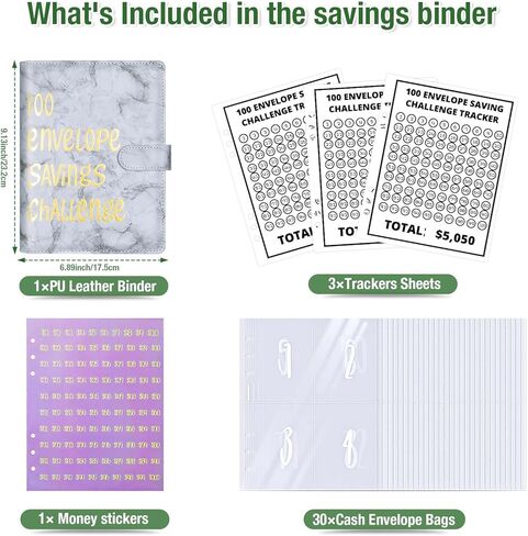 100 مغلف تحدي توفير المال، كتاب موثق تحدي التوفير مع مغلفات، مجلد توفير المال مع 30 ورقة مظاريف نقدية، مجلد ميزانية ممتع وهادف لتوفير 5050 دولارًا (رمادي) in Kuwait