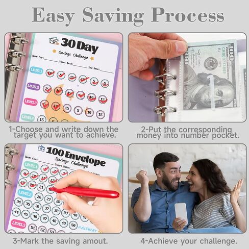 100 ظرف تحدي توفير المال، مخطط الميزانية النقدية A5 Binder، مجلد منظم كتب تحديات التوفير، مع 3 أدوات تعقب لتوفير 5,050 دولار و2,600 دولار، 300، 100 جيب مرقم مسبقًا، أسود in Kuwait