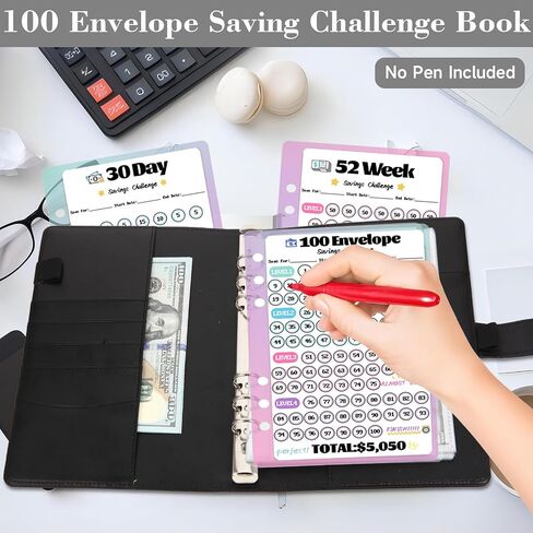 100 ظرف تحدي توفير المال، مخطط الميزانية النقدية A5 Binder، مجلد منظم كتب تحديات التوفير، مع 3 أدوات تعقب لتوفير 5,050 دولار و2,600 دولار، 300، 100 جيب مرقم مسبقًا، أسود in Kuwait