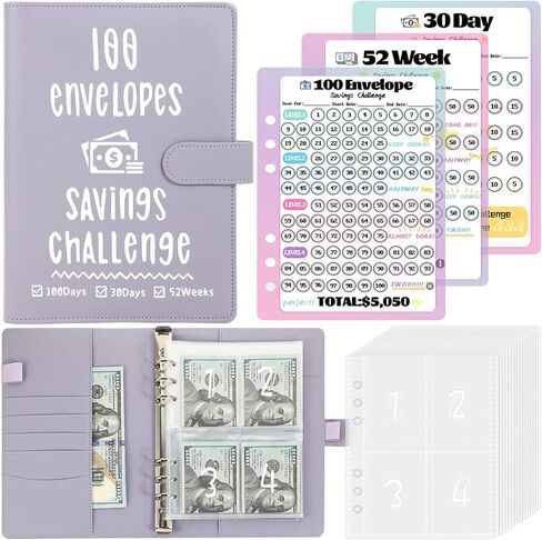 100 ظرف تحدي توفير المال، مخطط الميزانية النقدية A5 Binder، مجلد منظم كتب تحديات التوفير، مع 3 أدوات تعقب لتوفير 5,050 دولار و2,600 دولار، 300، 100 جيب مرقم مسبقًا، أسود in Kuwait