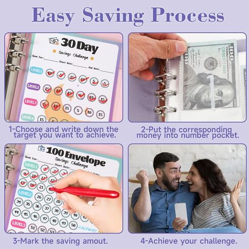 100 ظرف تحدي توفير المال، مخطط الميزانية النقدية A5 Binder، مجلد منظم كتب تحديات التوفير، مع 3 أدوات تعقب لتوفير 5,050 دولار و2,600 دولار، 300، 100 جيب مرقم مسبقًا، أسود in Kuwait
