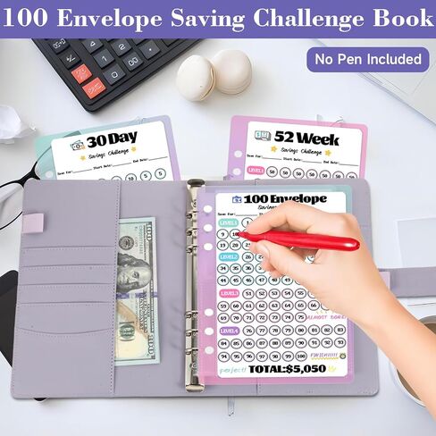 100 ظرف تحدي توفير المال، مخطط الميزانية النقدية A5 Binder، مجلد منظم كتب تحديات التوفير، مع 3 أدوات تعقب لتوفير 5,050 دولار و2,600 دولار، 300، 100 جيب مرقم مسبقًا، أسود in Kuwait